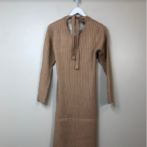 Wayf X Bff Hollie Women's Long Sleeve Crew Neck Bow Tie Sweater Dress Tan L, NWT - Picture 4 of 4